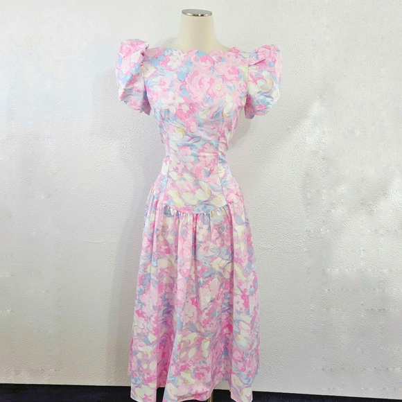 Vintage Dresses & Skirts - Vintage 80's Alfredo Angelo Dress Garden Party Floral Pastel Puff Sleeves 11/12